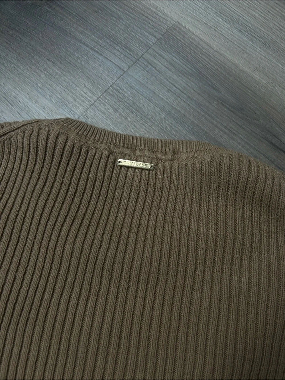 Michael by Michael Kors Brown Asymmetrical Ribbed Crewneck Sweater w zipper side